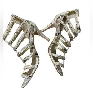 White House Black Mkt Gold Beige Python Chantae Heeled Sandals Sandal 9 FLAWED